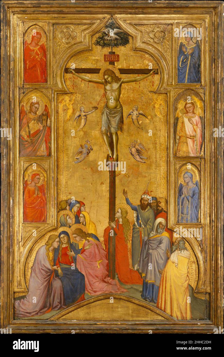 The Crucifixion ca. 1365 Andrea di Cione (Orcagna) Italian The Crucifixion and the six half-length angels mounted within the frame are fragments of an altarpiece; however their current arrangement does not reflect that of the original altarpiece but rather a reconfiguration by a 19th-century collector. The Crucifixion originally formed the altarpiece's central pinnacle while the Six Angels originally comprised pilasters. The altarpiece was probably painted for Santa Maria degli Angeli, the Camaldolese church of Florence, perhaps for the chapel founded in 1365 and dedicated to Ognissanti (All S Stock Photo