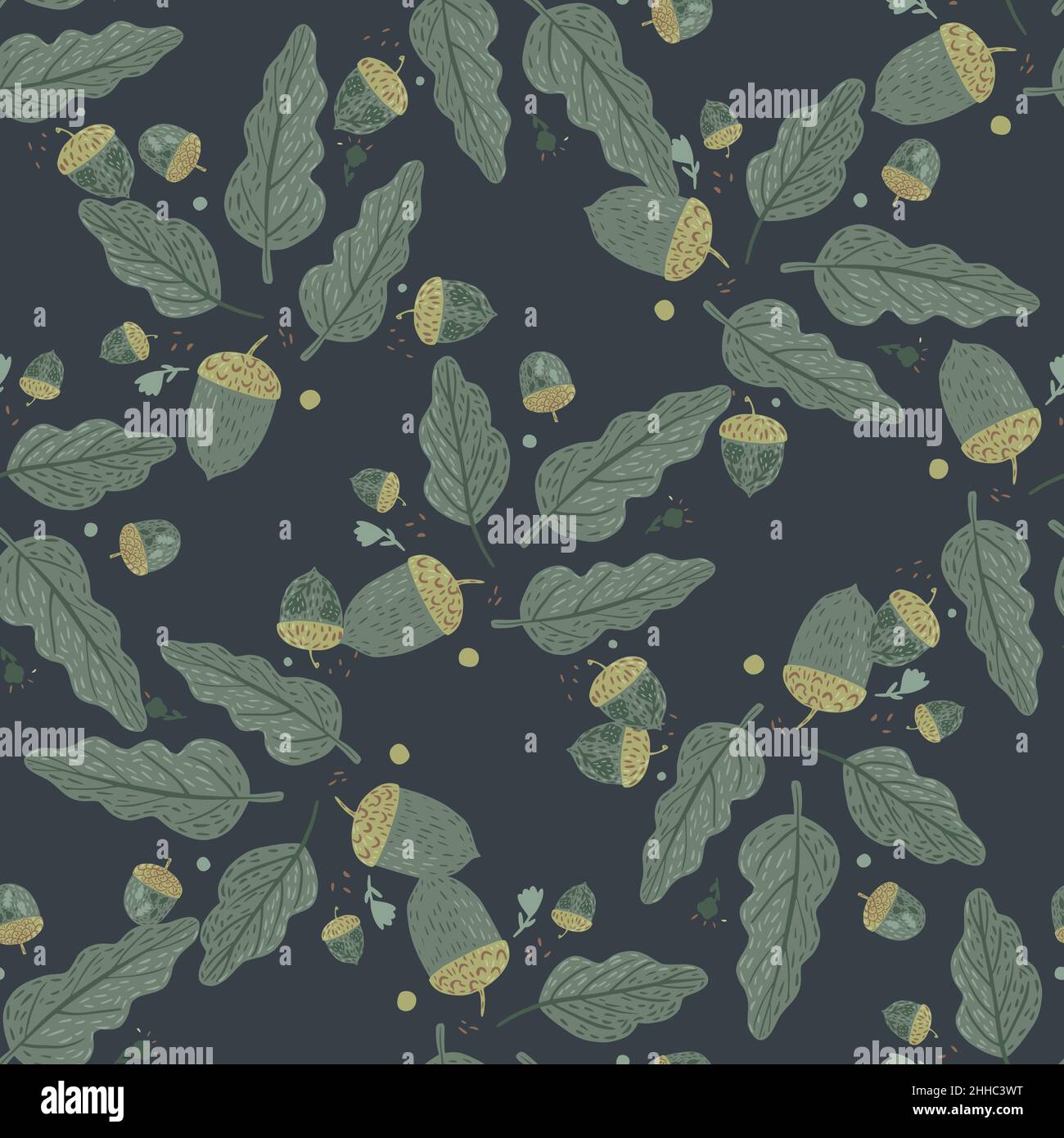 Dark autumn seamless pattern with hand drawn oak tree leaves and acorns ...