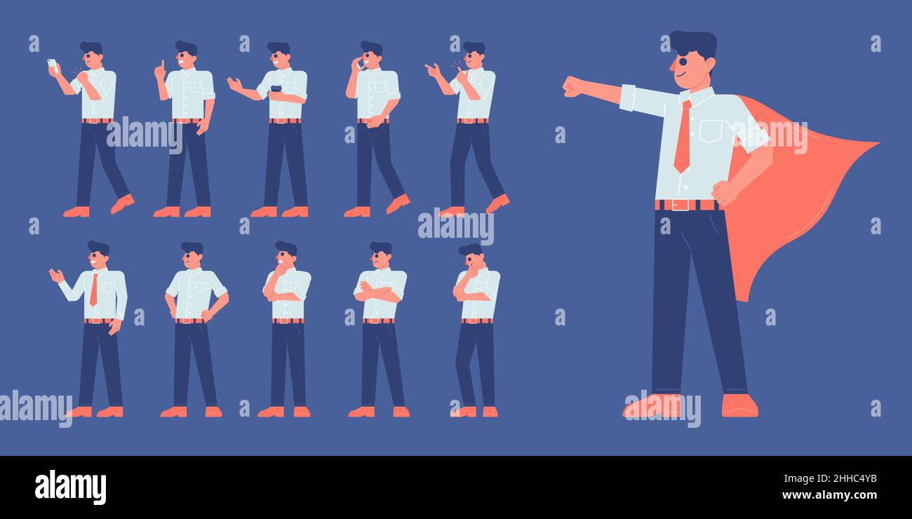 Office man employee various posing action flat vector illustration. For website, web, application, presentation, printing, document, poster design, so Stock Vector