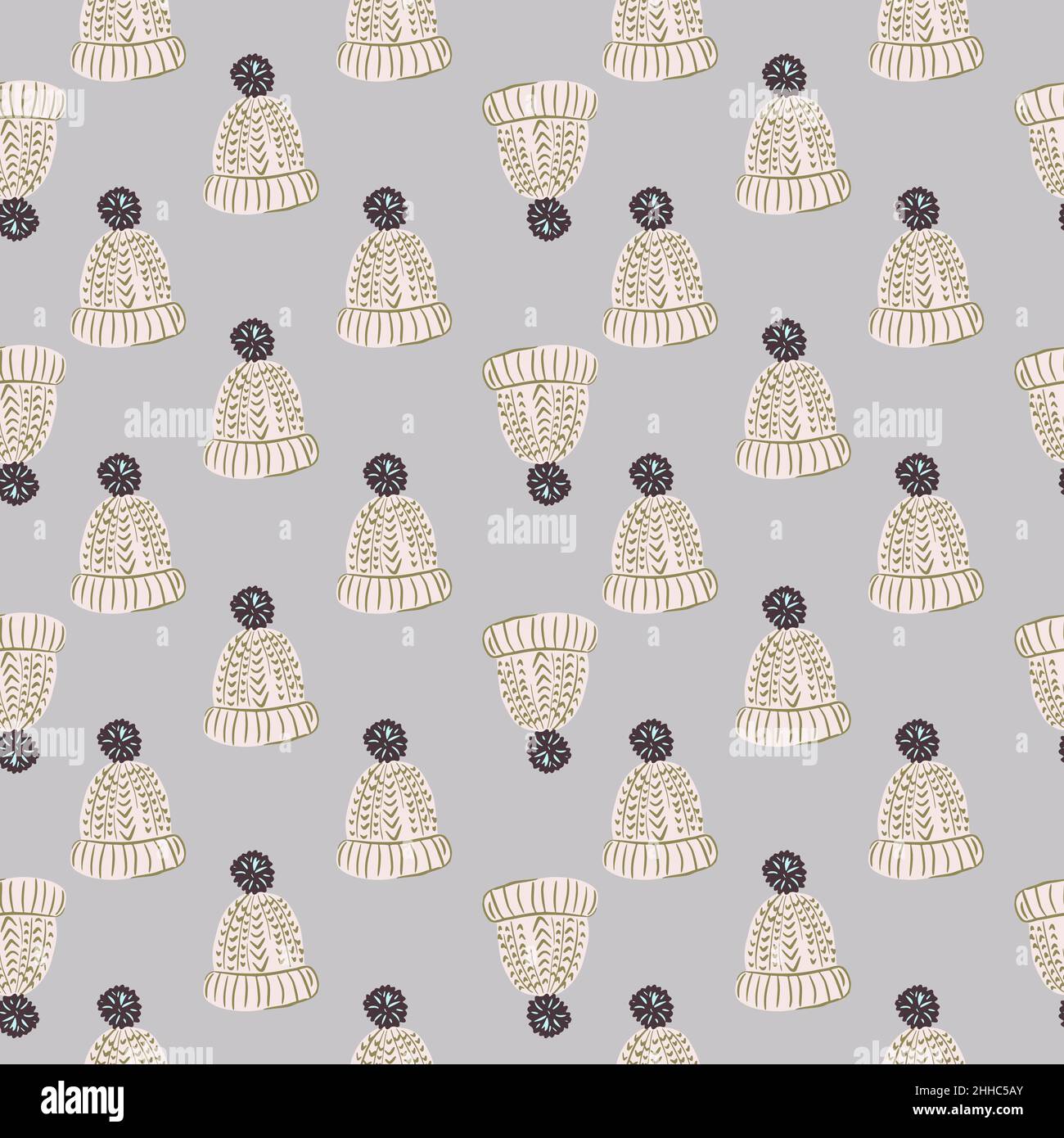 Little grey hand drawn hats seamless winter pattern. Blue background. Pastel tones artwork. Flat vector print for textile, fabric, giftwrap, wallpaper Stock Vector