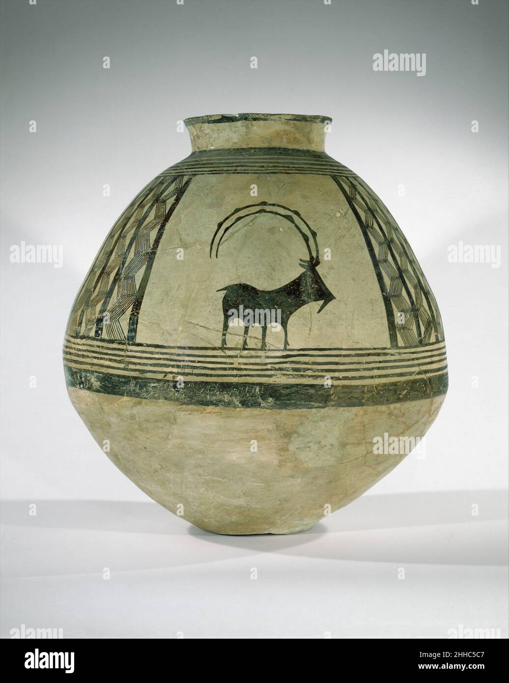 Storage jar decorated with mountain goats ca. 4000–3600 B.C. People of the ancient Near East used the abundant supply of clay to construct bricks for their cities and also as a surface upon which to record their histories, religious beliefs, and business transactions. In addition, clay was widely used for making pottery — so much so that archaeologists find more pottery in the ruins of ancient cities than any other form of art.In the fourth millennium B.C. in central and southwestern Iran, painted decoration on pottery like this large jar reached a new level of sophistication. Combinations of Stock Photo