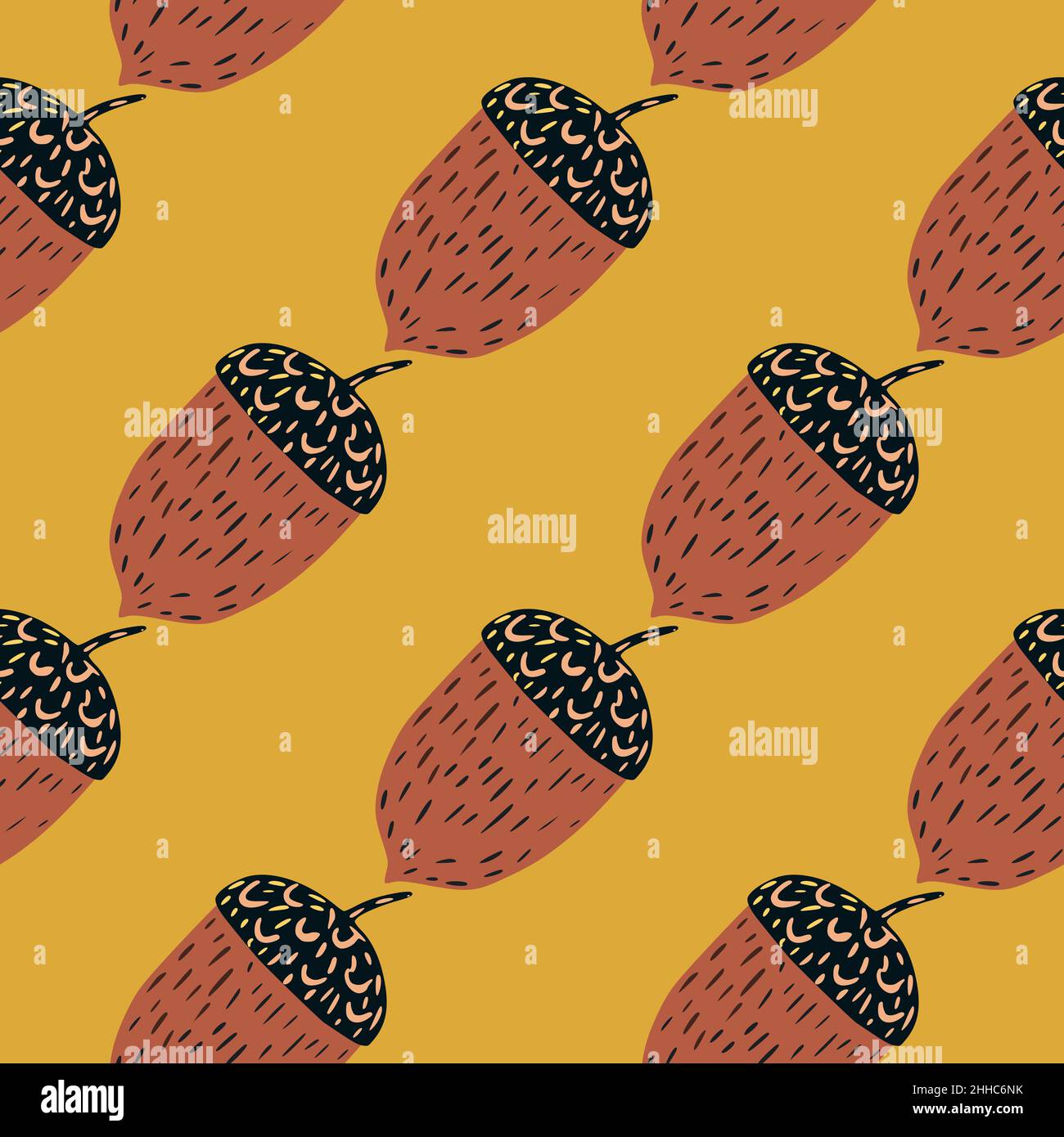 Autumn seamless pattern with paste tones chestnut hand drawn elements on yellow background. Graphic design for wrapping paper and fabric textures. Vec Stock Vector