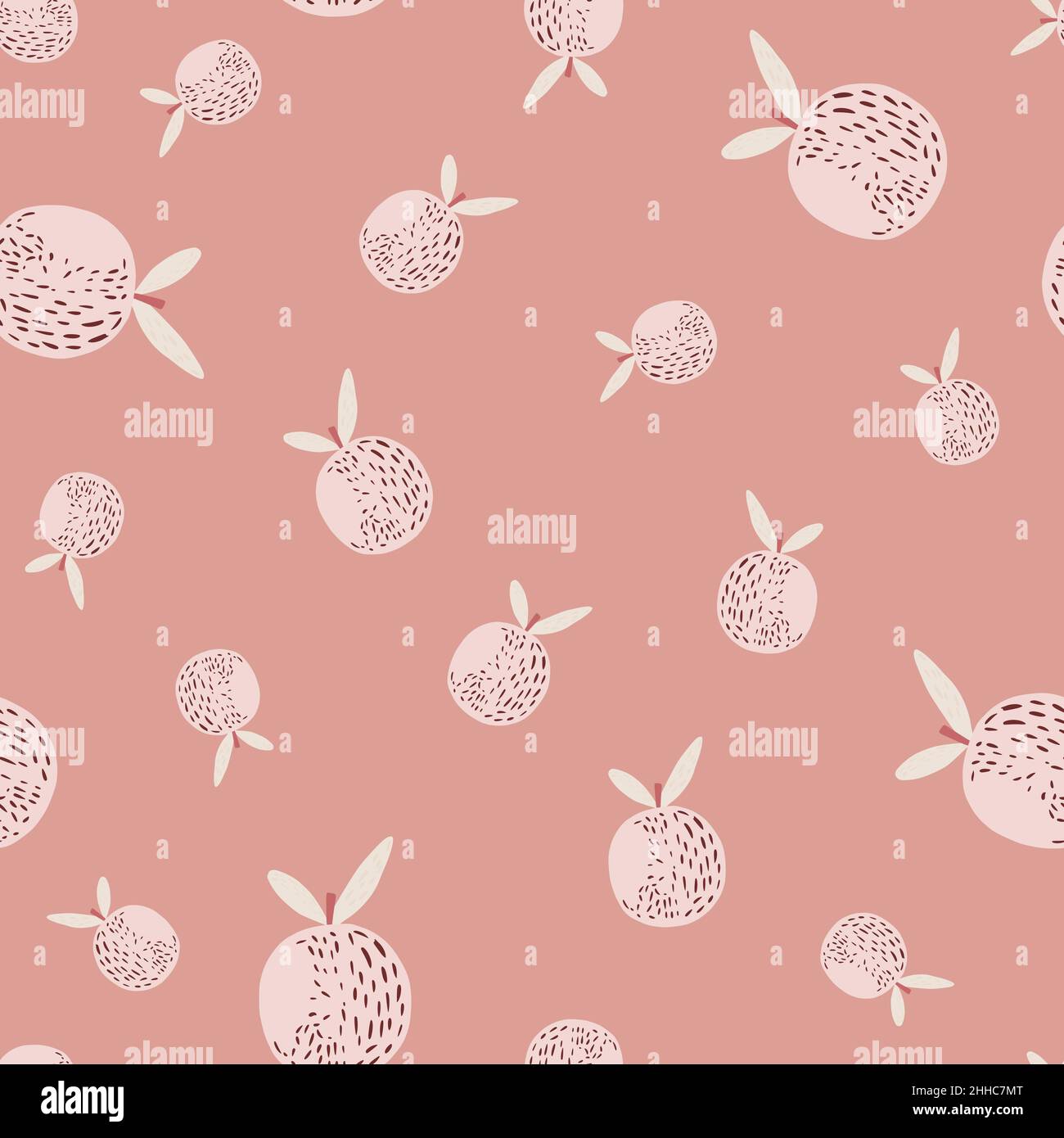 Random seamless pattern with citrus orange fruit silhouettes in light tones. Pink background. Graphic design for wrapping paper and fabric textures. V Stock Vector