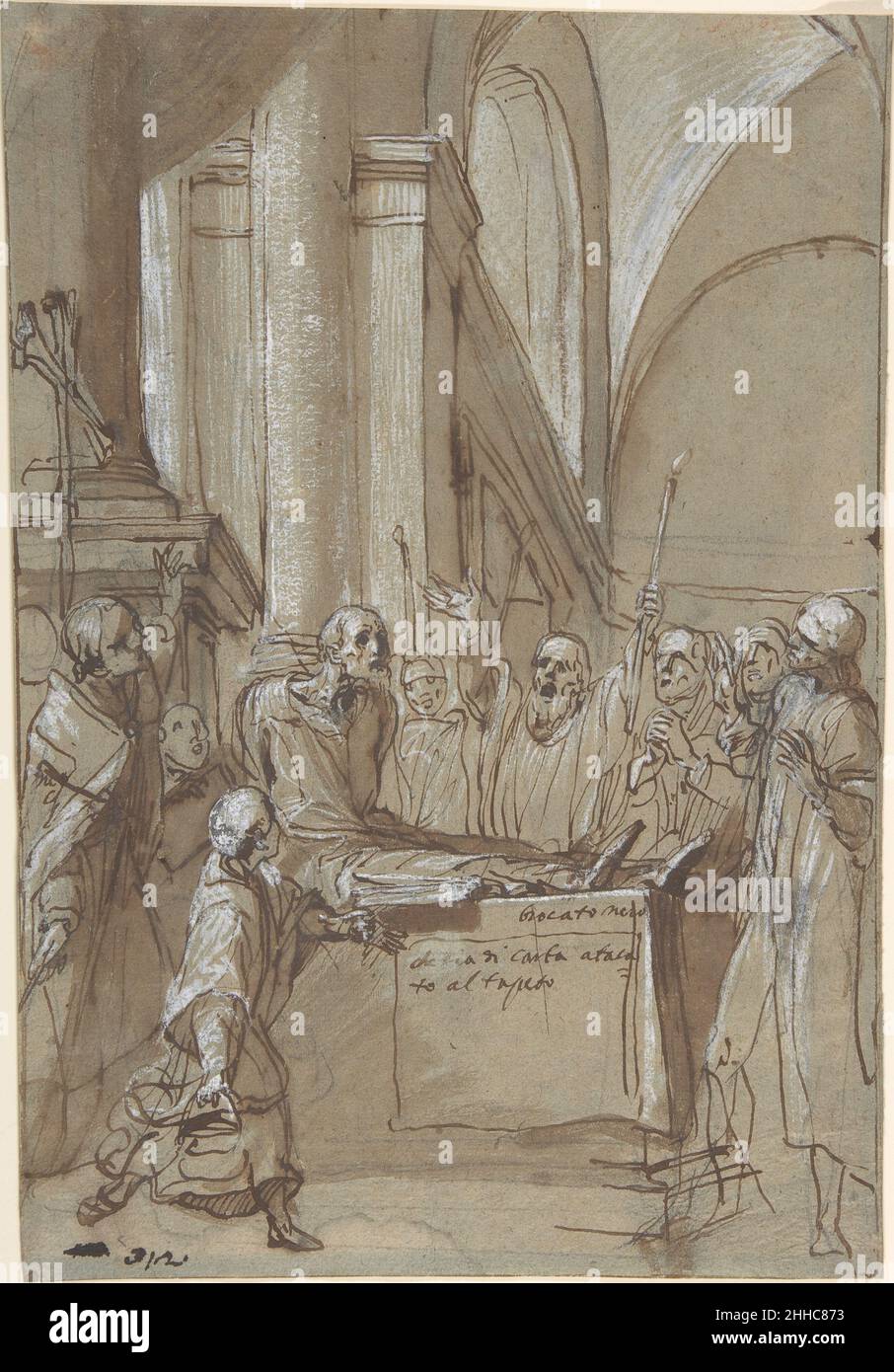 Raymond Diocrès Speaking During His Funeral (from the Life of Saint Bruno of Cologne) 1628–29 Daniele Crespi Italian Daniele Crespi, who lived to be barely thirty-three years old and who nevertheless is counted among the leading Italian Baroque painters, hailed from the region of Lombardy. He was active mainly in Milan. His artistic vocabulary seems dazzling for its energy of figural pose, expressive gesture, and dramatic light. This virtuoso drawing relates to a very well known project of the artist's mature career, and the treatment of the subject matter is highly expressive. This drawing wa Stock Photo