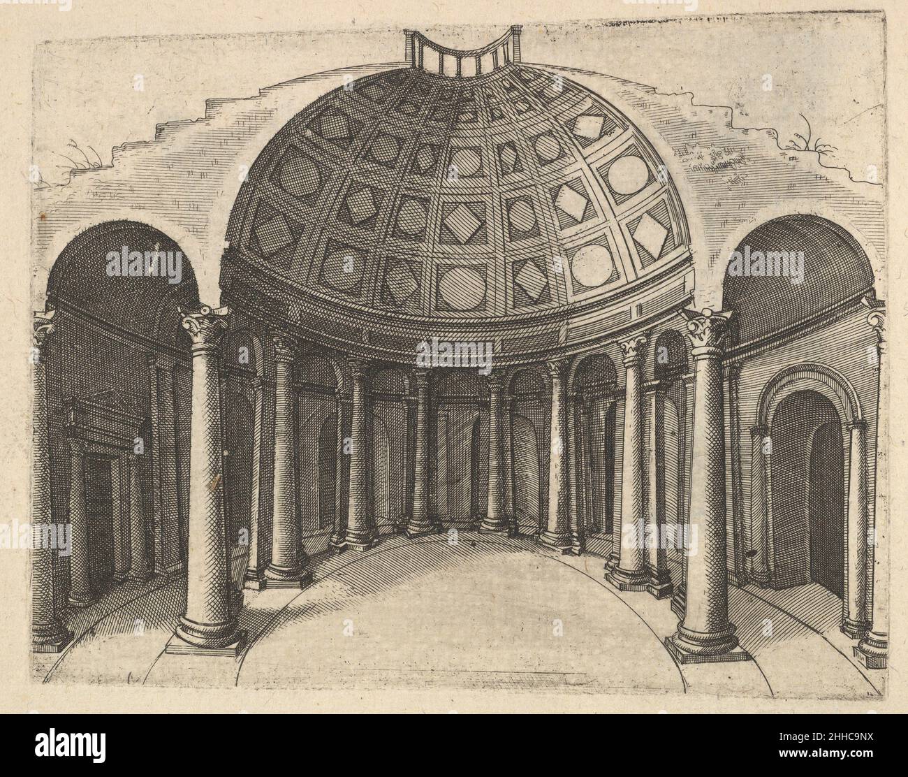 Cross-Section of Round Temple [Pinaculu Termar], from the series 'Ruinarum variarum fabricarum delineationes pictoribus caeterisque id genus artificibus multum utiles' 1554 Lambert Suavius Netherlandish Perspectival cross section of a building, said to be the so-called ‘Pinaculu Termar’. The building has a circular floor plan and consists of a central round nave surrounded by an ambulatory. The coffered ceiling is interrupted at top by an oculus. While it has been suggested that the building may represent the Church of Santa Costanza in Rome, the interior and exterior features of the building Stock Photo