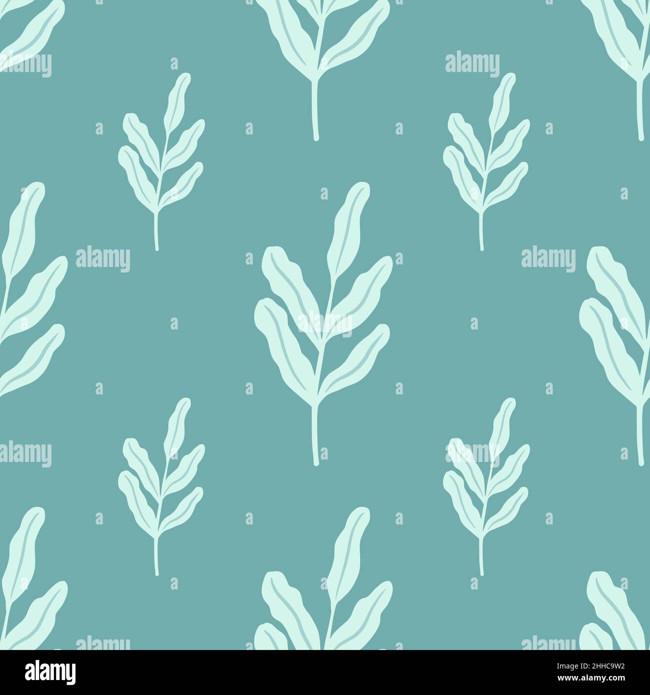 Minimalistic seamless doodle pattern with leaf branches elements. Blue ...