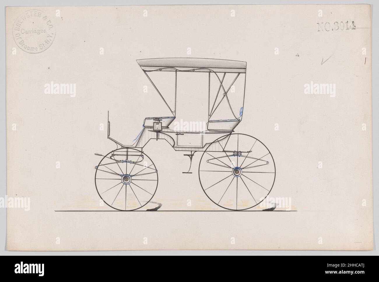 Design for Park Phaeton, no. 3014 1874 Brewster & Co. American Brewster & Company HistoryEstablished in 1810 by James Brewster (1788–1866) in New Haven, Connecticut, Brewster & Company, specialized in the manufacture of fine carriages. The founder opened a New York showroom in 1827 at 53-54 Broad Street, and the company flourished under generations of family leadership. Expansion necessitated moves around lower Manhattan, with name changes reflecting shifts of management–James Brewster & Sons operated at 25 Canal Street, James Brewster Sons at 396 Broadway, and Brewster of Broome Street was ba Stock Photo