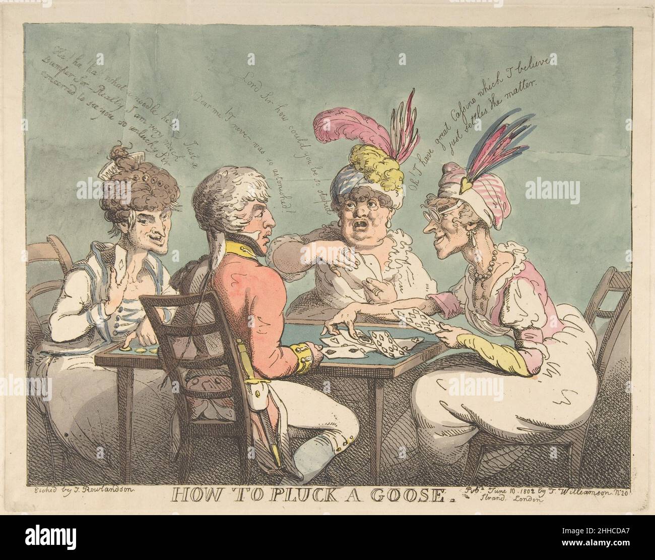 How to Pluck a Goose June 10, 1802 Thomas Rowlandson British A young officer playing the card game Cassino with three elderly expert females is the 'goose' being plucked in this print. The women wear fashionable high-waisted dresses and feathered turbans, and the partners, at left and right, make genteel exclamations over the officer’s bad luck. Having already collected 'a bumper,' or unopposed string of eight tricks, they are about to conclude the game as the woman in spectacles displays a 'great casino' (the ten of diamonds) and achieves the winning count of eleven. In Britain, decorum preve Stock Photo