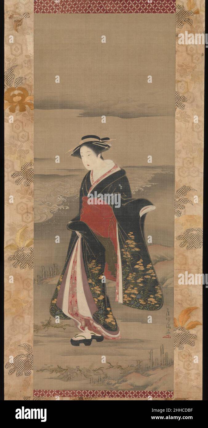 Beauty by the Shore 18th century Kubo Shunman Japanese Shunman, who was known primarily as a literary figure, studied painting under Kitao Shigemasa (1739–1820). He was also inspired by Torii Kiyonaga (1725–1815), a famed painter of beauties, or bijin. In addition to his nikuhitsu ukiyo-e, or painted images of the 'floating world,' Shunman is well known for his finely designed and produced surimono prints. This painting was produced before Shunman had formed his mature style, likely before the year 1785.. Beauty by the Shore  45799 Stock Photo