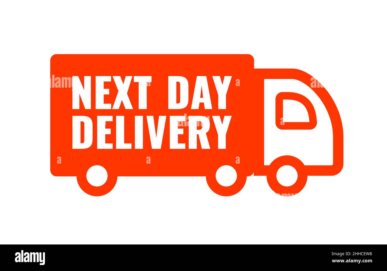 Next day delivery. Red Banner with text. Icon car Stock Vector