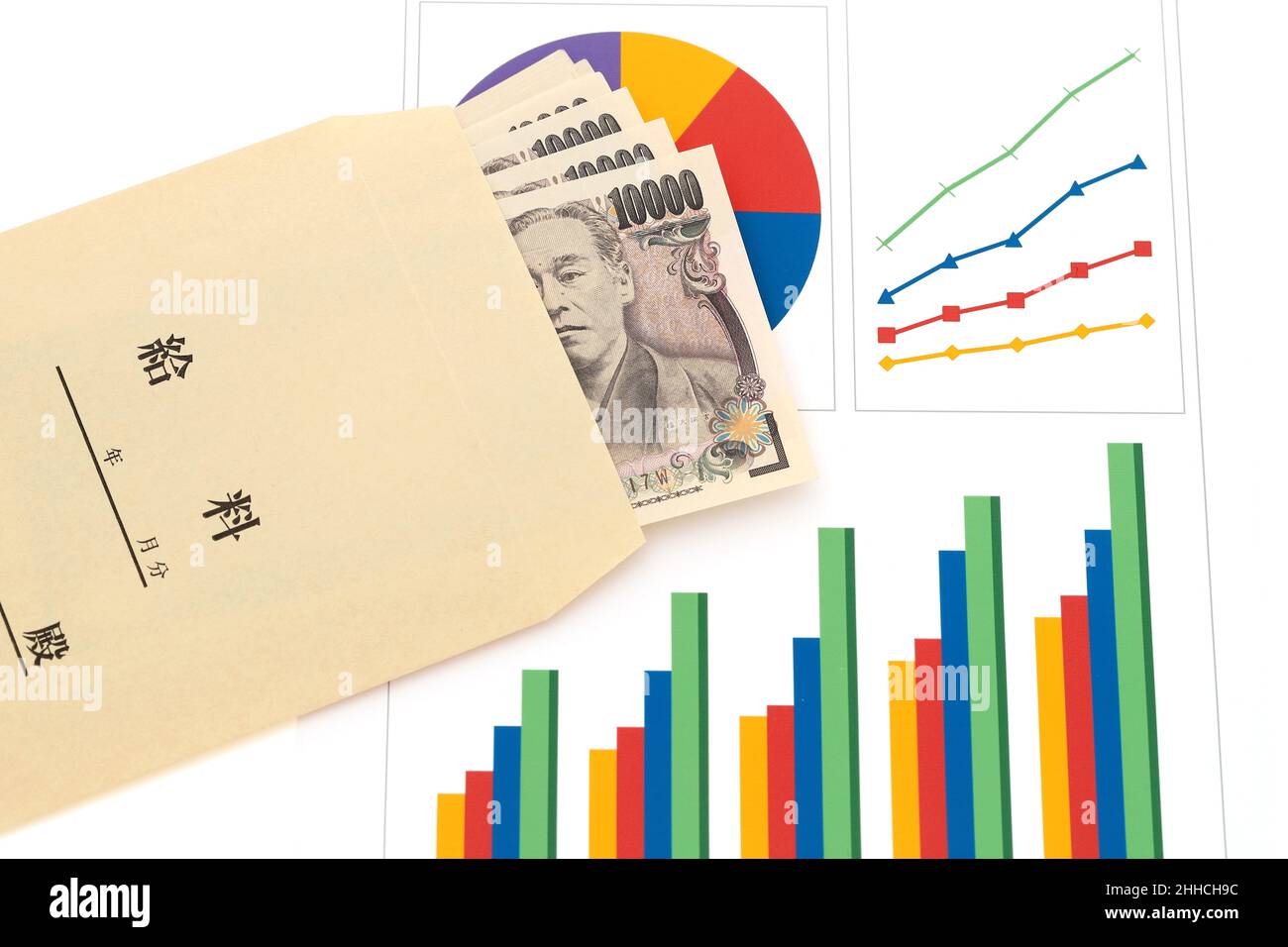 Japanese ten thousand yen bills and a salary bag on graph printed