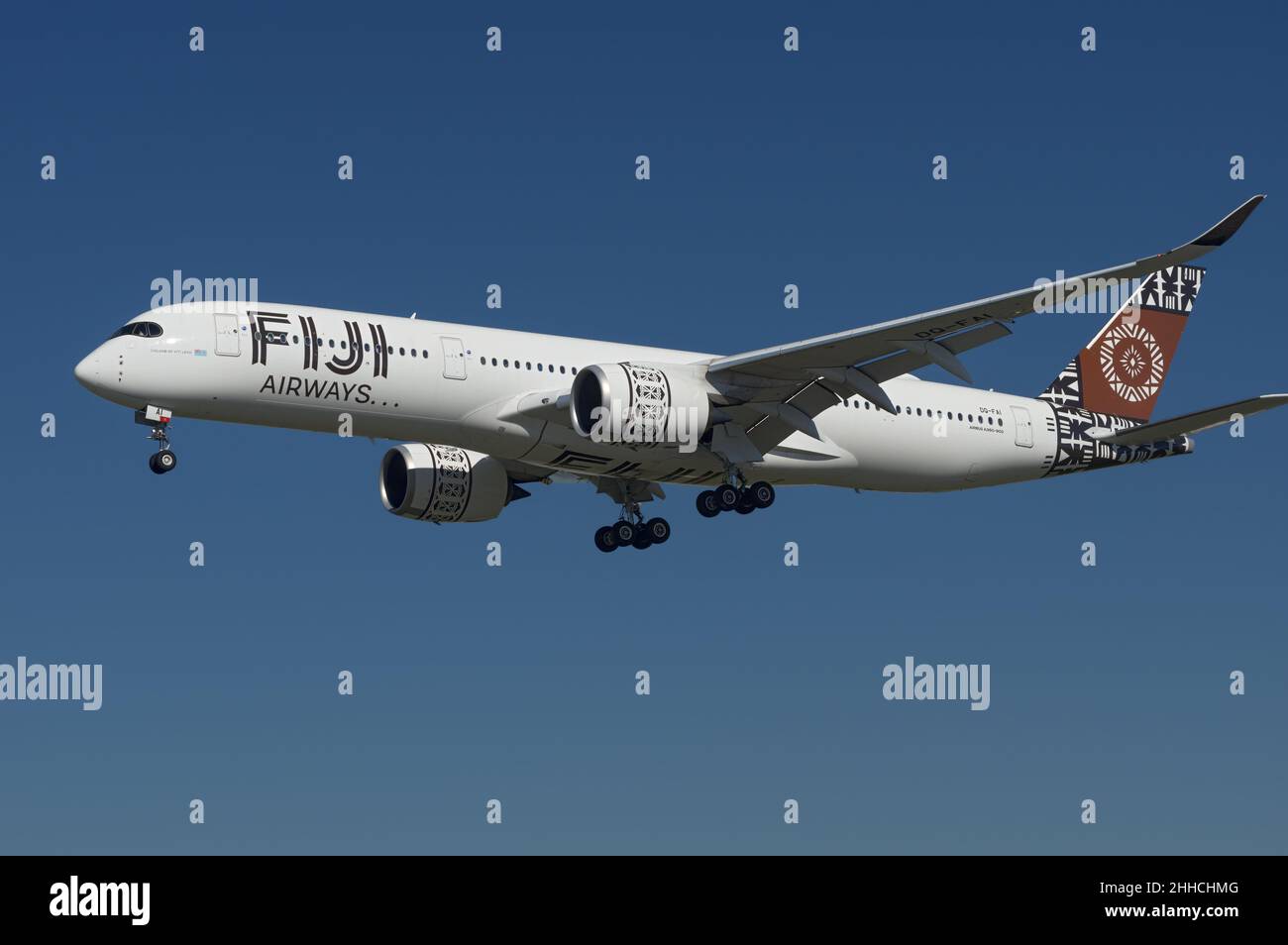 Fiji Airways Airbus A350-900 with registration DQ-FAI shown approaching LAX, Los Angeles International Airport. Stock Photo