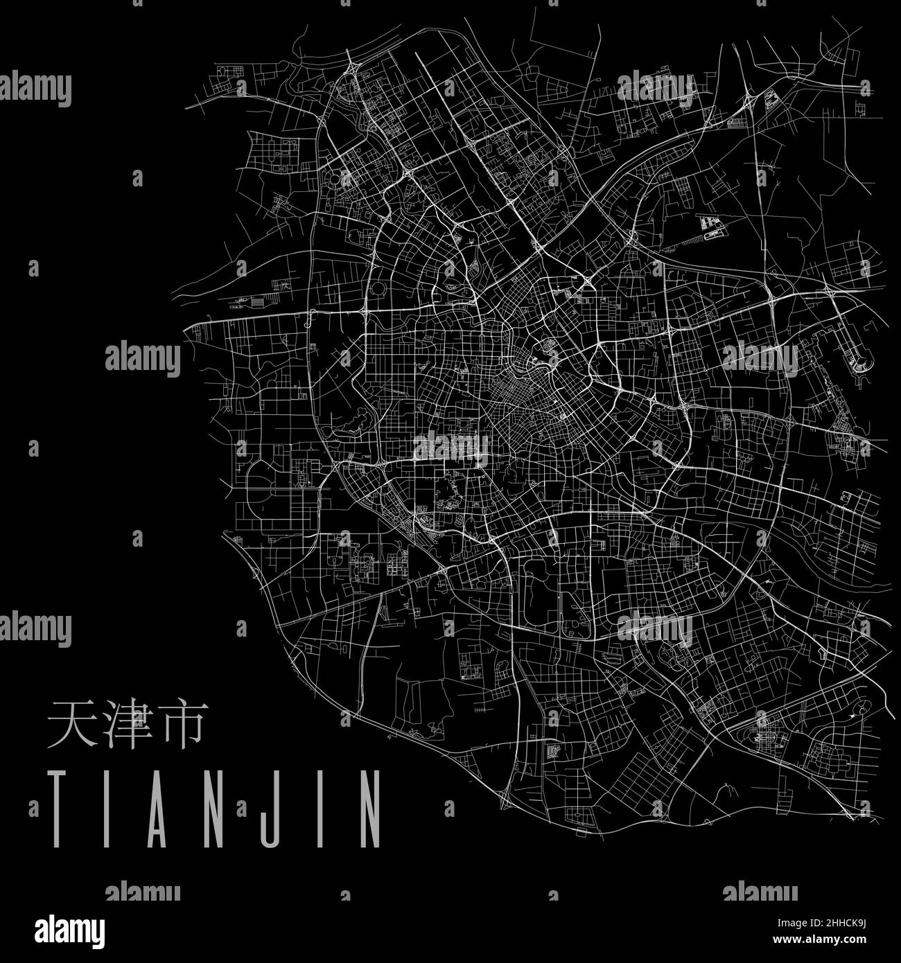 Tianjin city vector map poster. China municipality square linear street map, administrative municipal area, white lines on black background, with titl Stock Vector