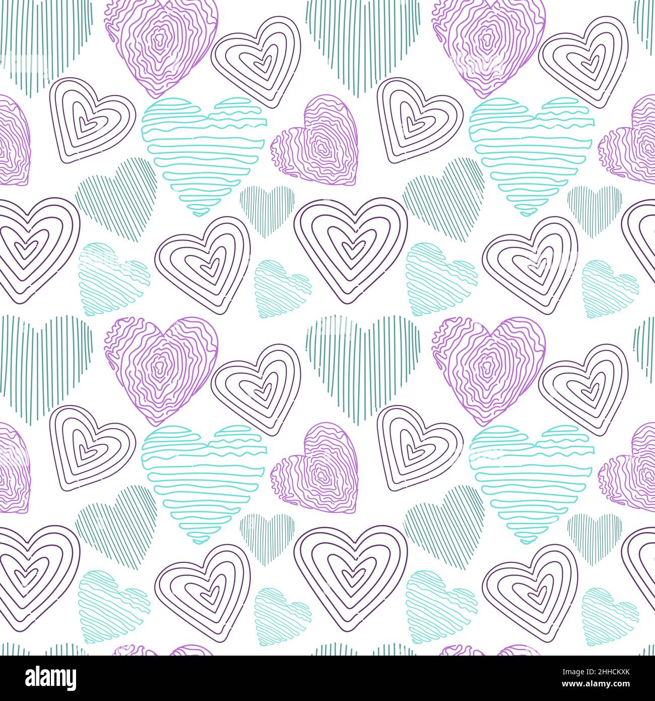 A seamless pattern of hearts, hand-drawn elements on a white background ...