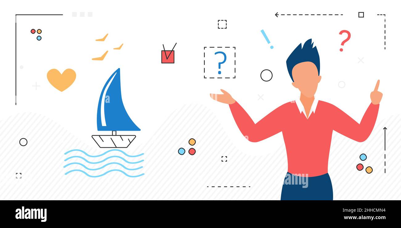 Choosing place of rest and directions for travel, man tourist chooses voucher. He thinks about direction of cruise, flat vector isolated Stock Vector