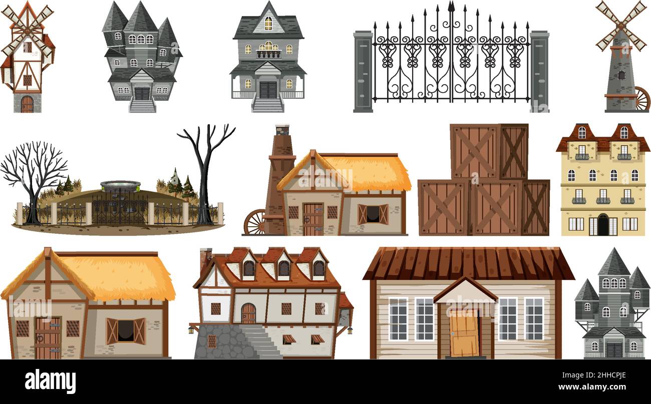 Set of abandoned houses and buildings illustration Stock Vector Image ...