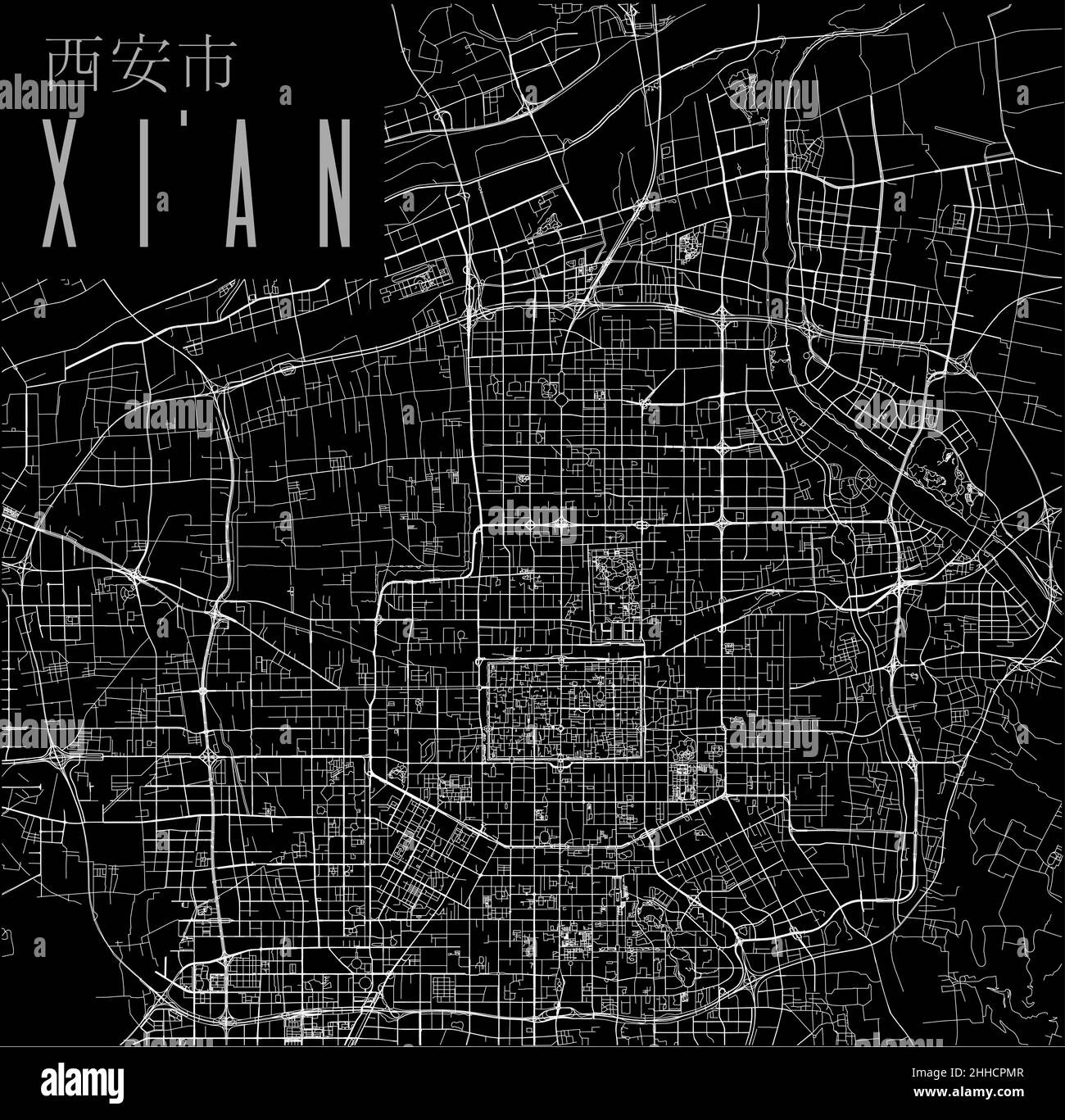 Xi'an city vector map poster. China municipality square linear street