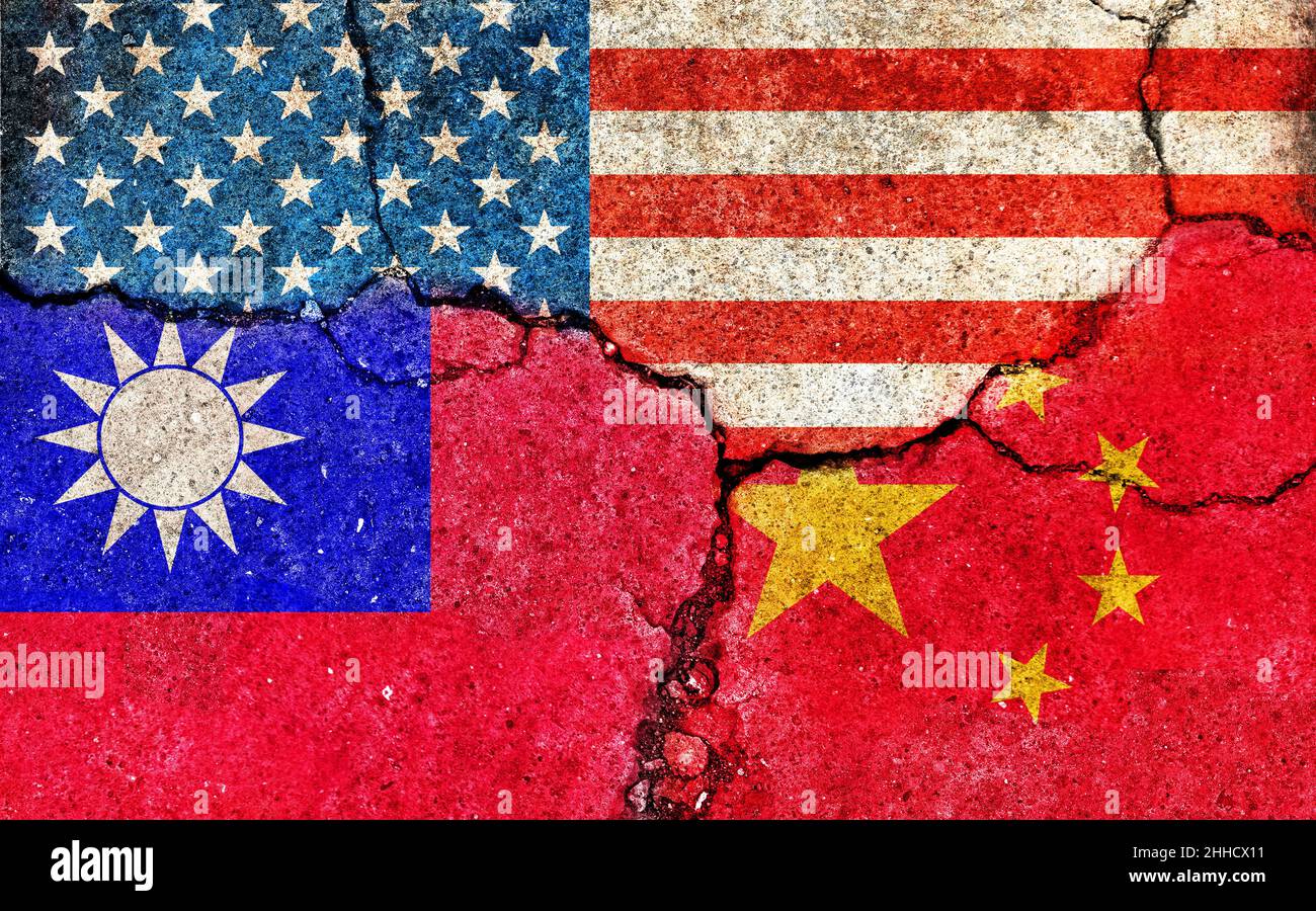Grunge flags illustration of three countries with conflict and political problems (cracked concrete background) | USA, China and Taiwan Stock Photo