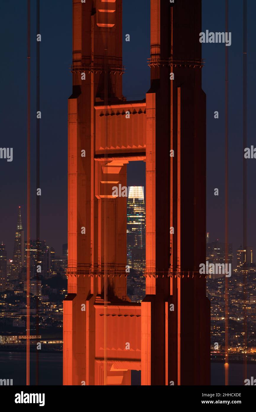 The Golden Gate Bridge North Tower Closeup in the Blue Hour via Hawk Hill, Marin County, California, USA. Stock Photo