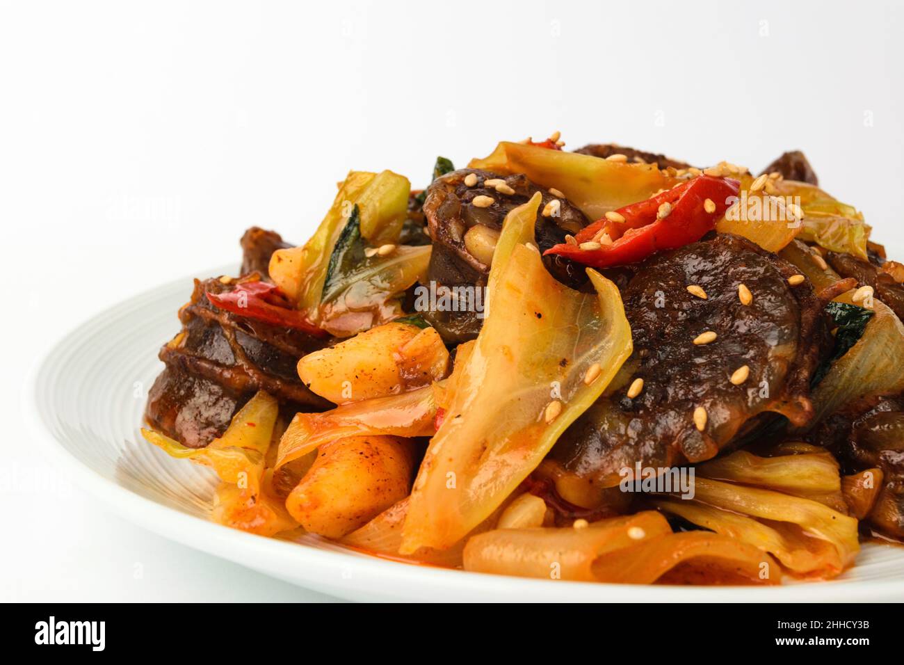 Cooked pork intestines. Asian food culture. Seasoning StirFried