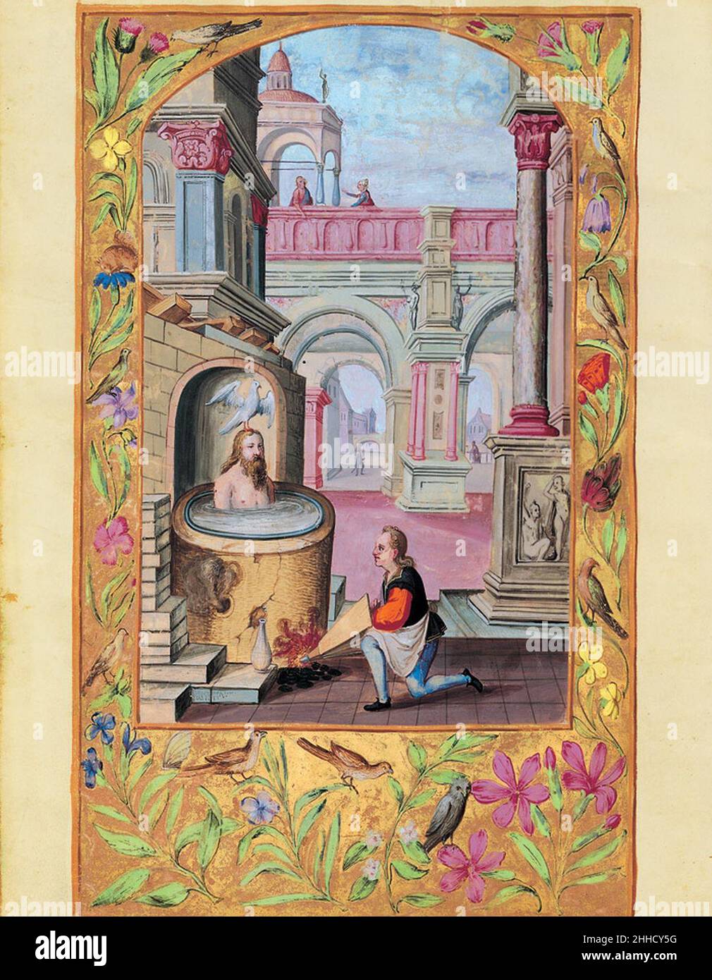 Splendor Solis - Traité d'Alchimie - Bouillir le corps dans le vase (Les Sept Paraboles). Stock Photo