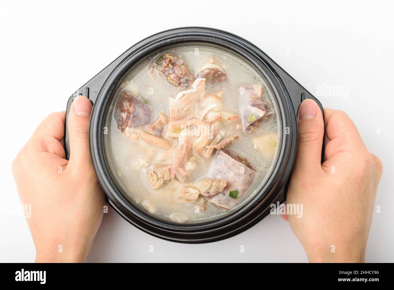 Korean food culture. Cooked pork intestines. Savory and fatty food