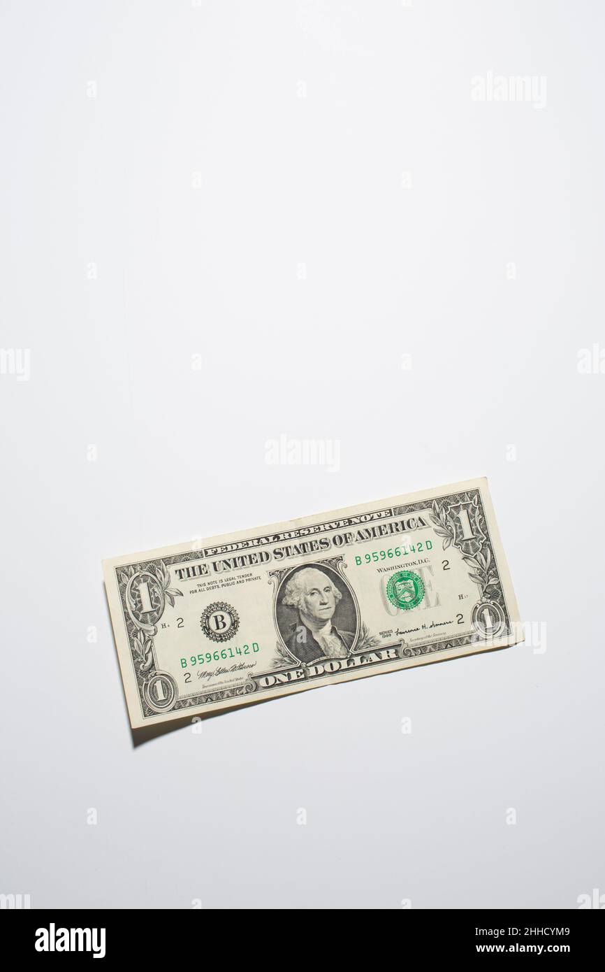 High angle view of one US dollar bill on white background Stock Photo