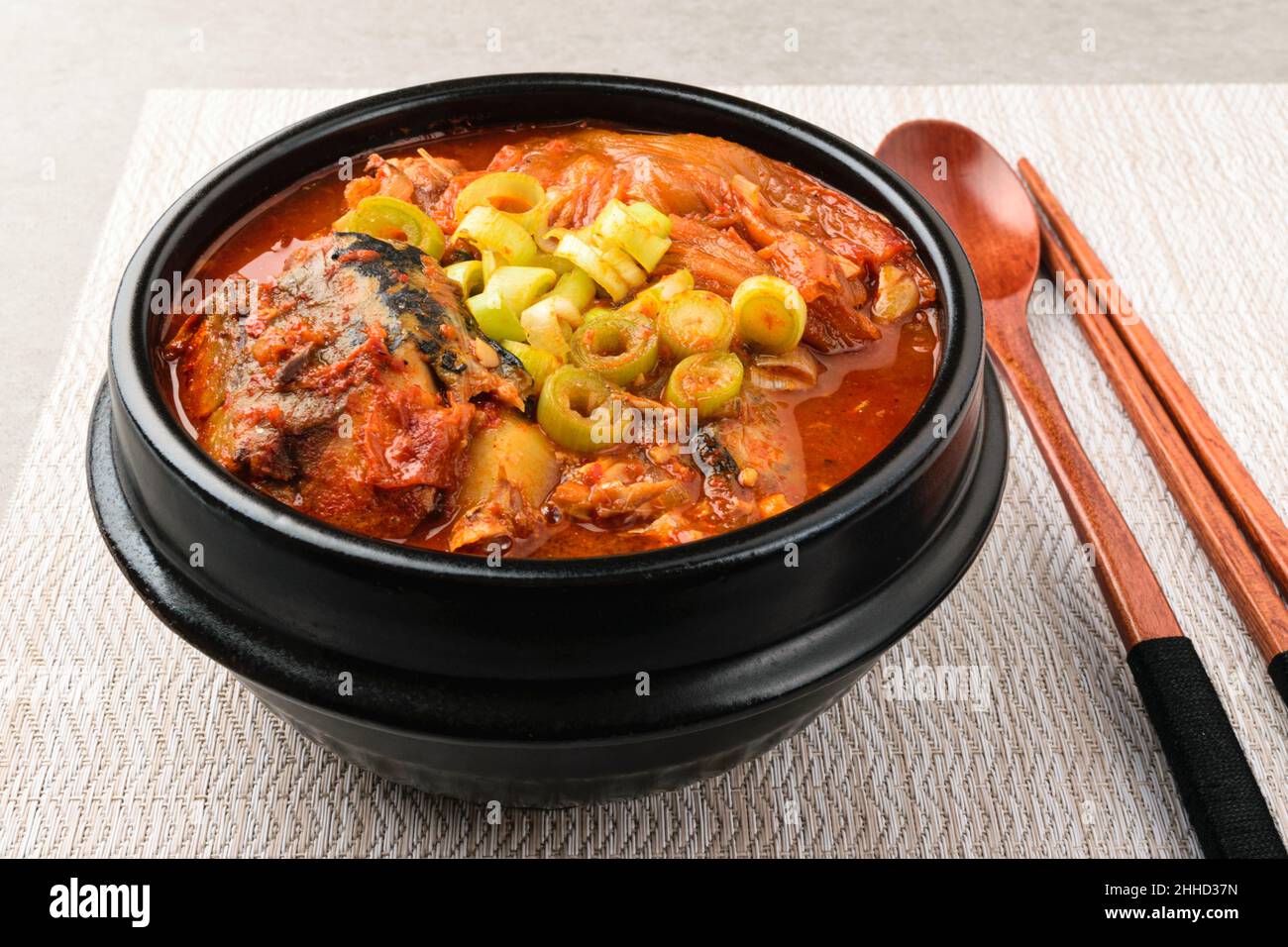 Korean food culture. Fish broth dish. Dishes with Kimchi. Spicy and