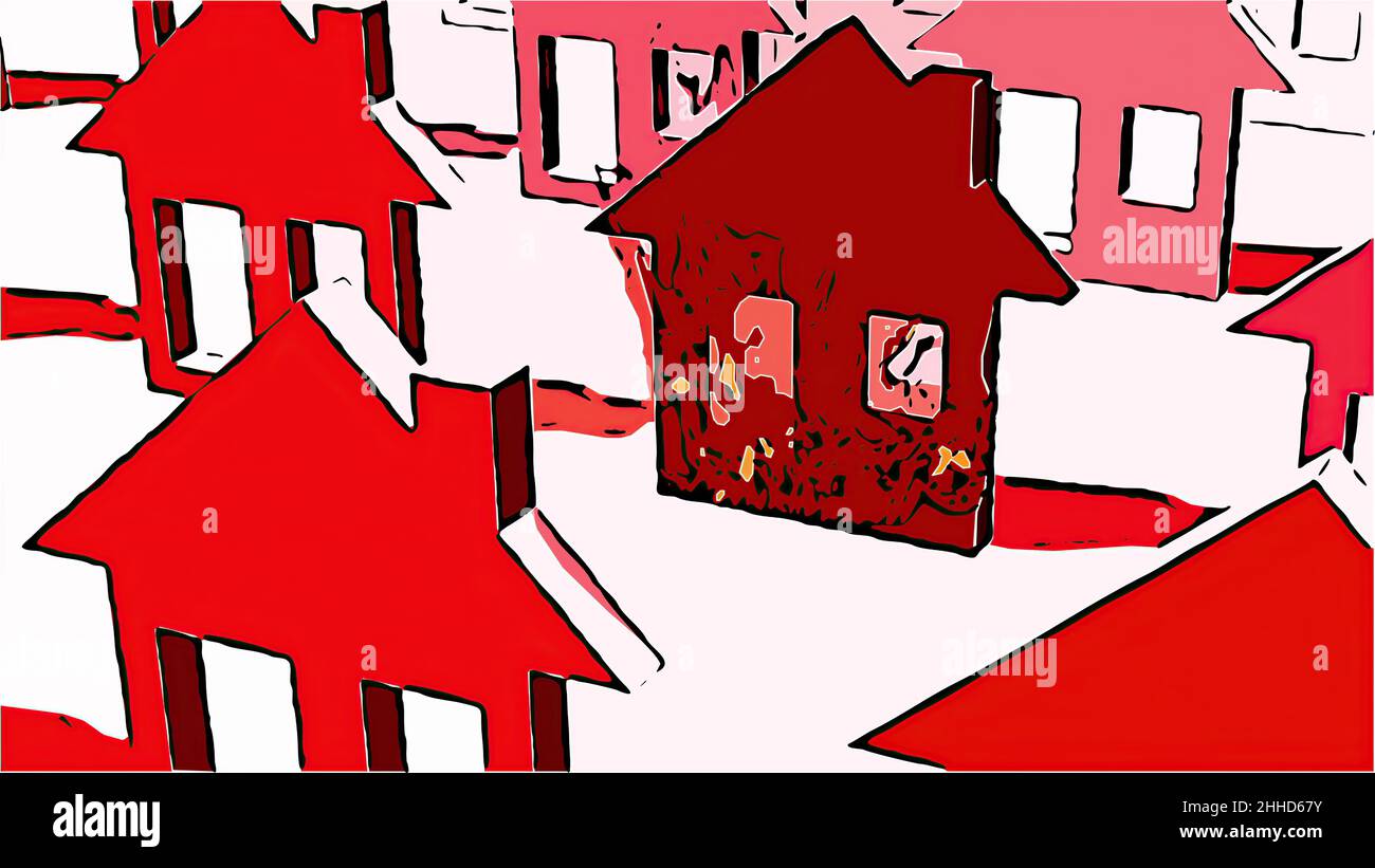 3d illustration in comic style - Burning home icon in flames Stock ...