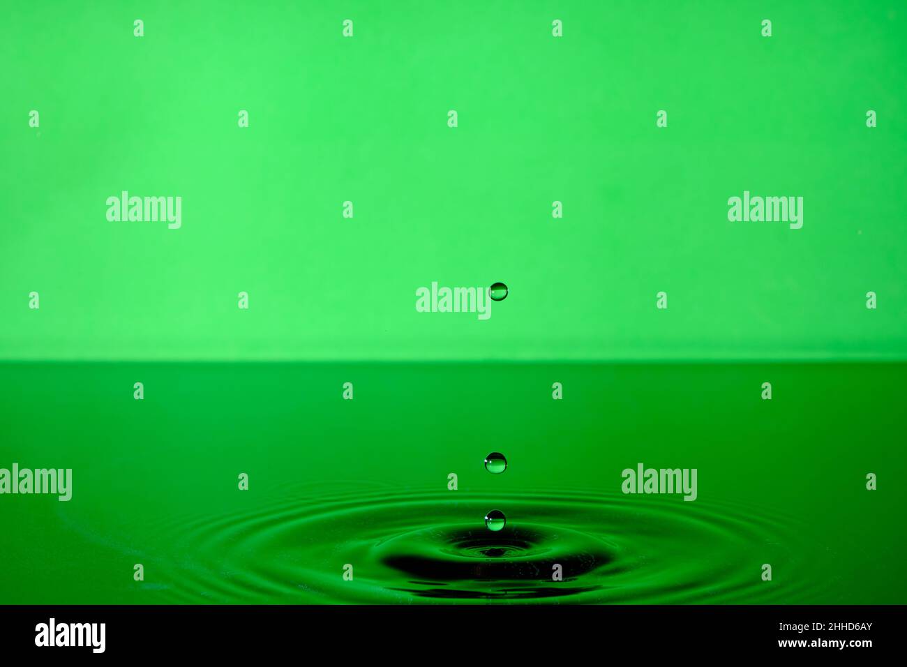 Splash water after drop falls.Green abstract background with drop in ...