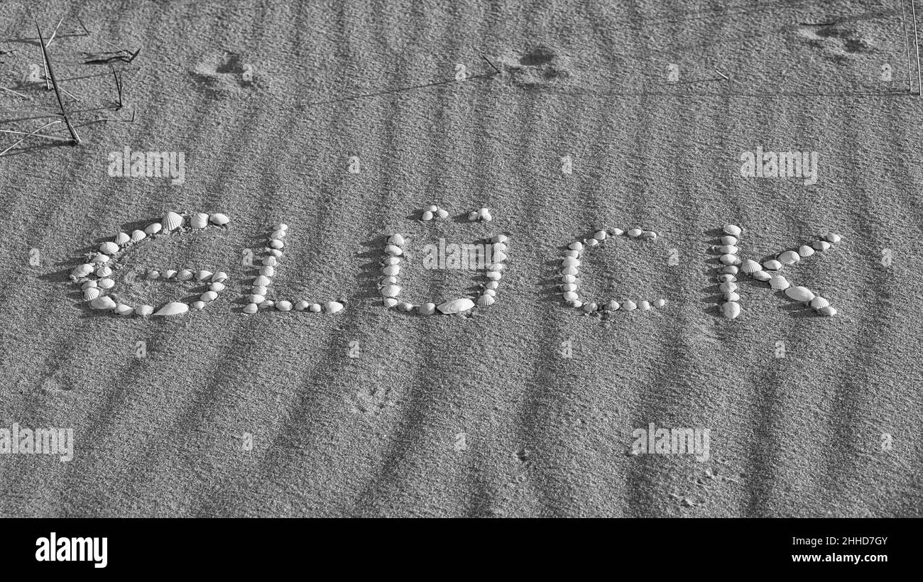 with shells laid symbol happiness on the beach of the Baltic Sea in the sand. In black and white. Wishes for the vacation and life. Stock Photo