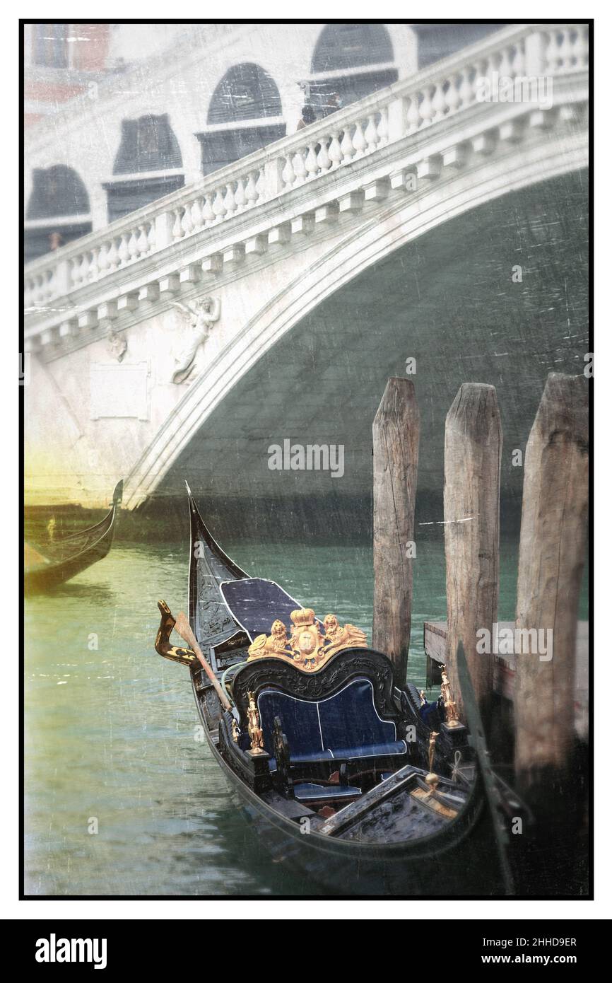 Romantic Venetian canals. Old Venice. Gondolas and Rialto bridge. Retro styled picture. Italy Stock Photo