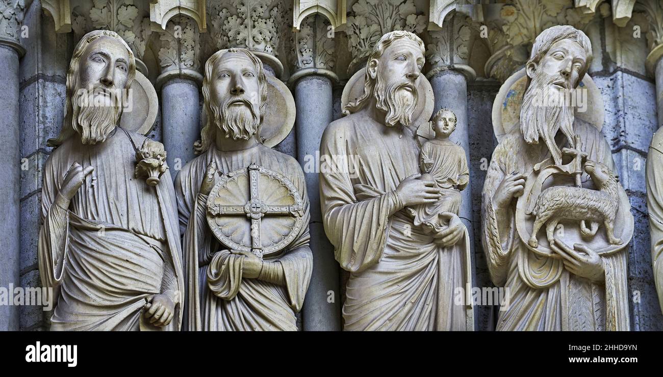 Chartres Cathedral gothic statues and exterior sculptures. North Porch