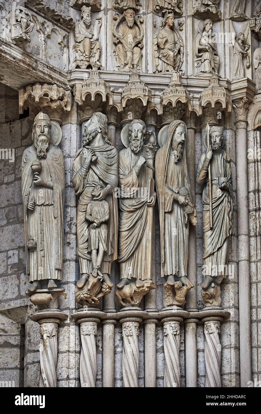 Chartres Cathedral  gothic statues and exterior sculptures. North Porch Central Portal, left Jambs- General View c. 1194-1230. Gothic statues of figur Stock Photo