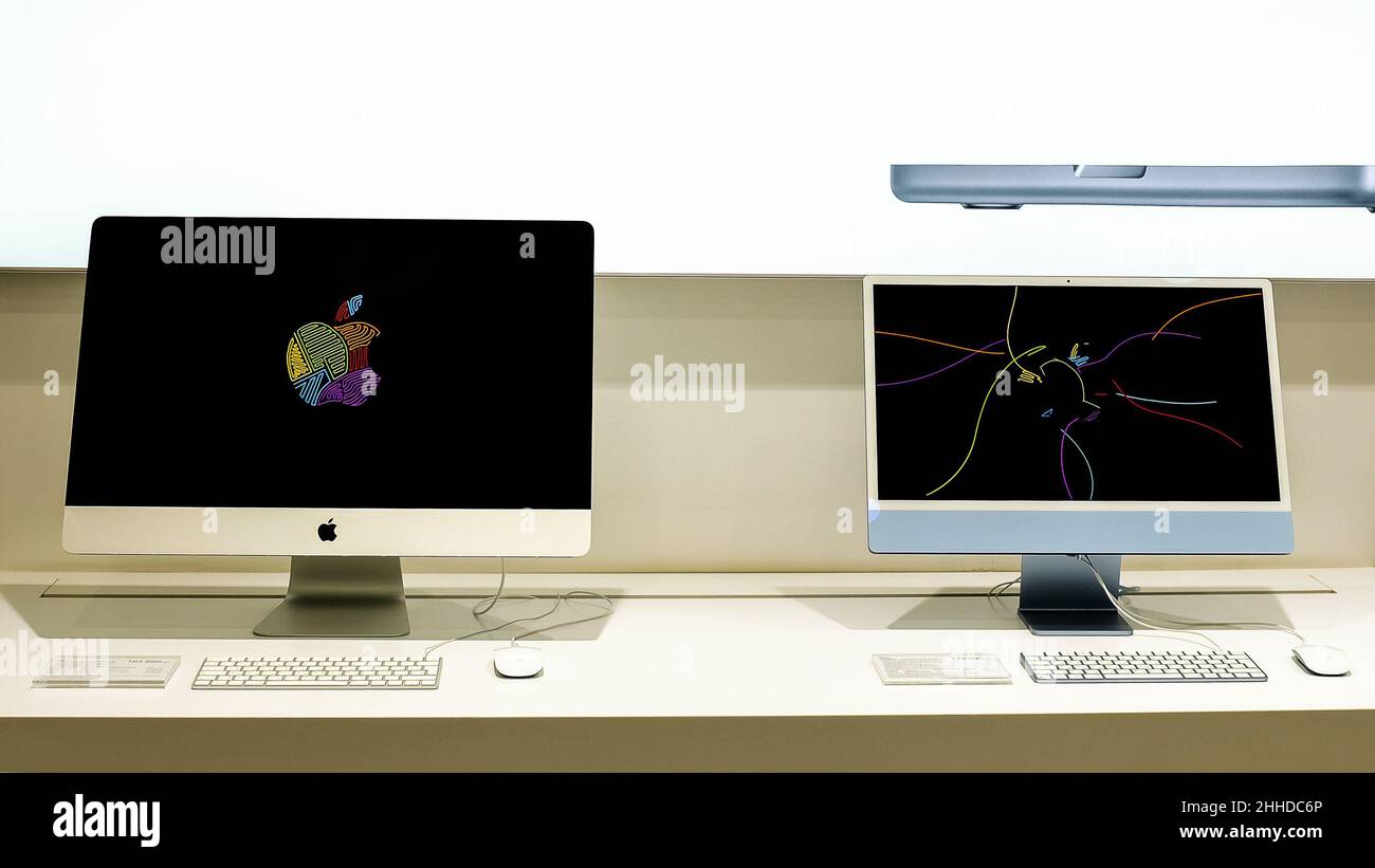 Apple iMacs in Apple store. Editorial illusrative photo of Apple iMacs in Apple store. Editorial illusrative photo of