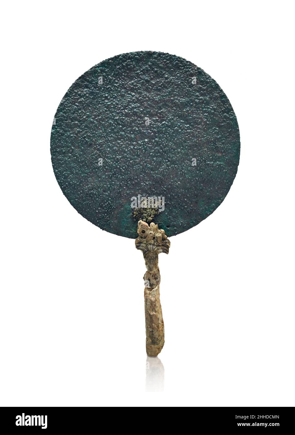 Mycenaean pottery - Bronze mirror with ivory handle, 1500 - 1350 BC, Mycenaean cemetery of Asine. Nafplion Archaeological Museum. Against white backgr Stock Photo