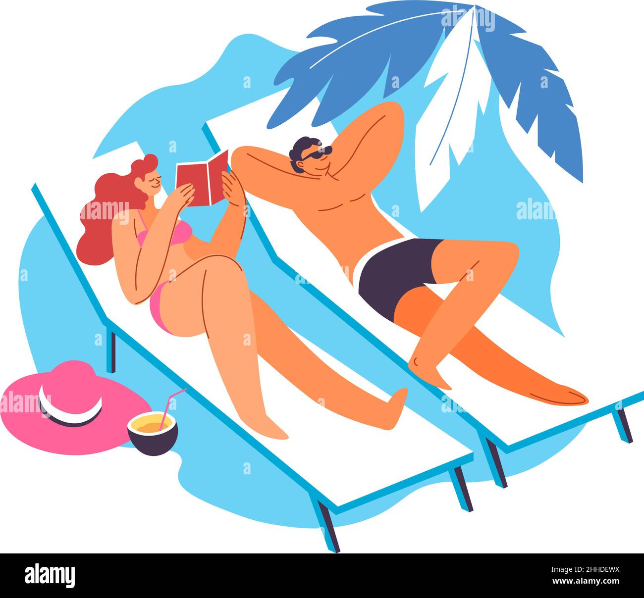 People relaxing by seaside, tanning and sunbathing Stock Vector