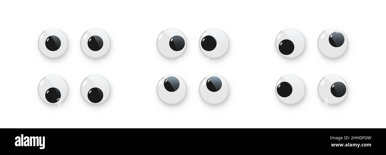 Toy eyes set vector illustration. Wobbly plastic open eyeballs of dolls looking up, down, left, right, crazy round parts with black pupil collection i Stock Vector