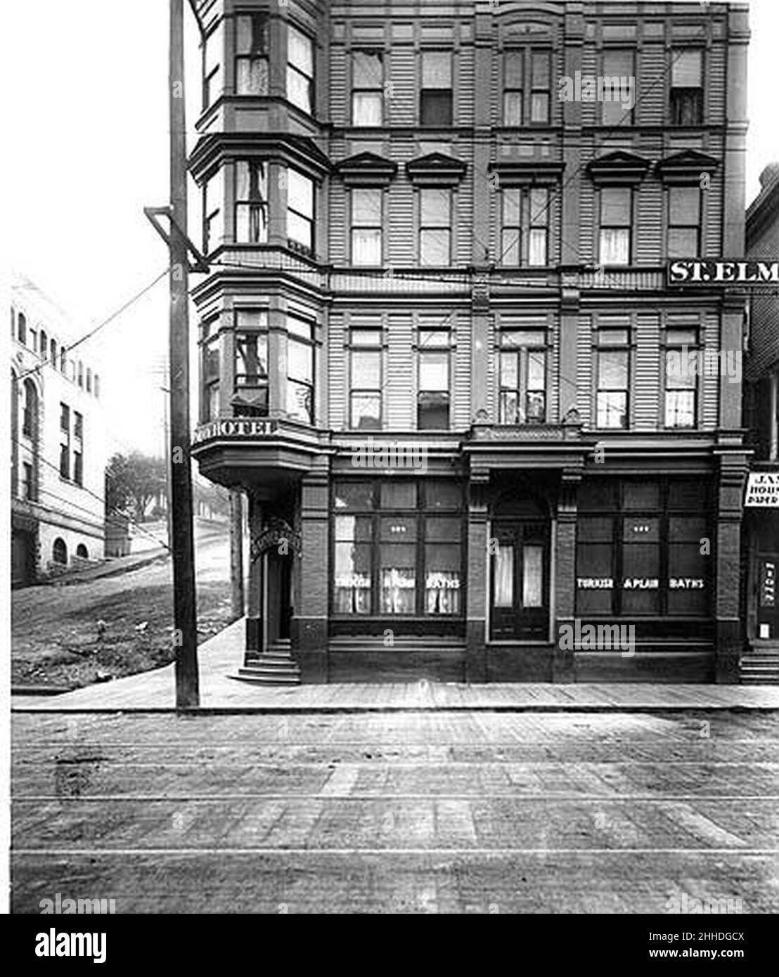 St Elmo Hotel, southeast corner of 3rd Ave and Cherry St, Seattle Stock
