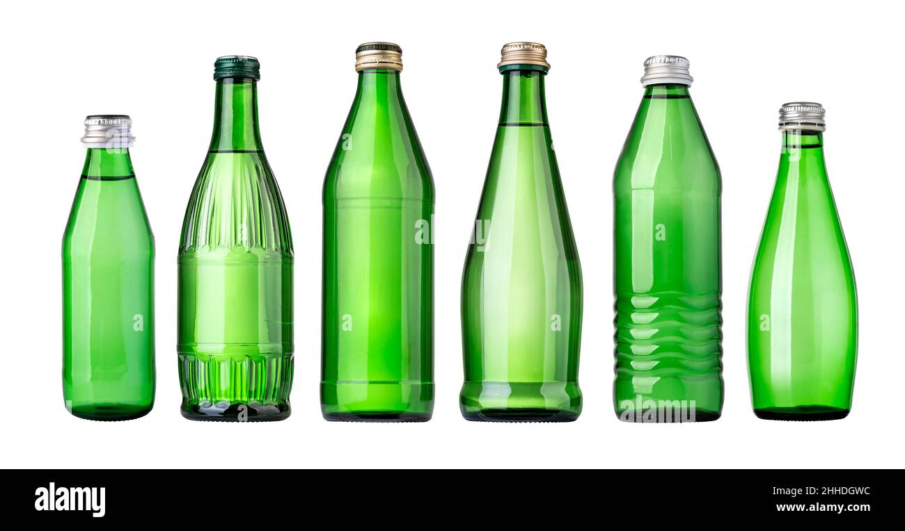 set of green Glass bottles of soda water. Isolated on white background