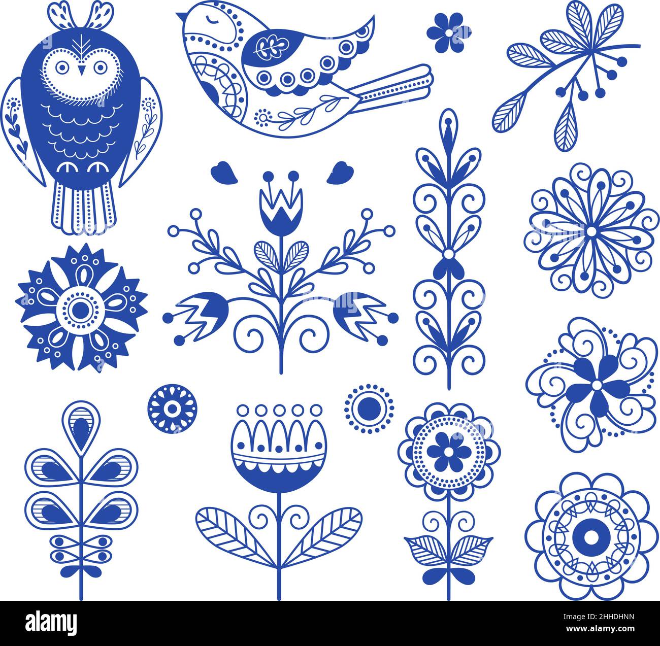 Scandinavian folk design. Nordic blue ornament elements, swedish folklore art. Rustic finnish decor, floral danish style embroidery nowaday vector Stock Vector