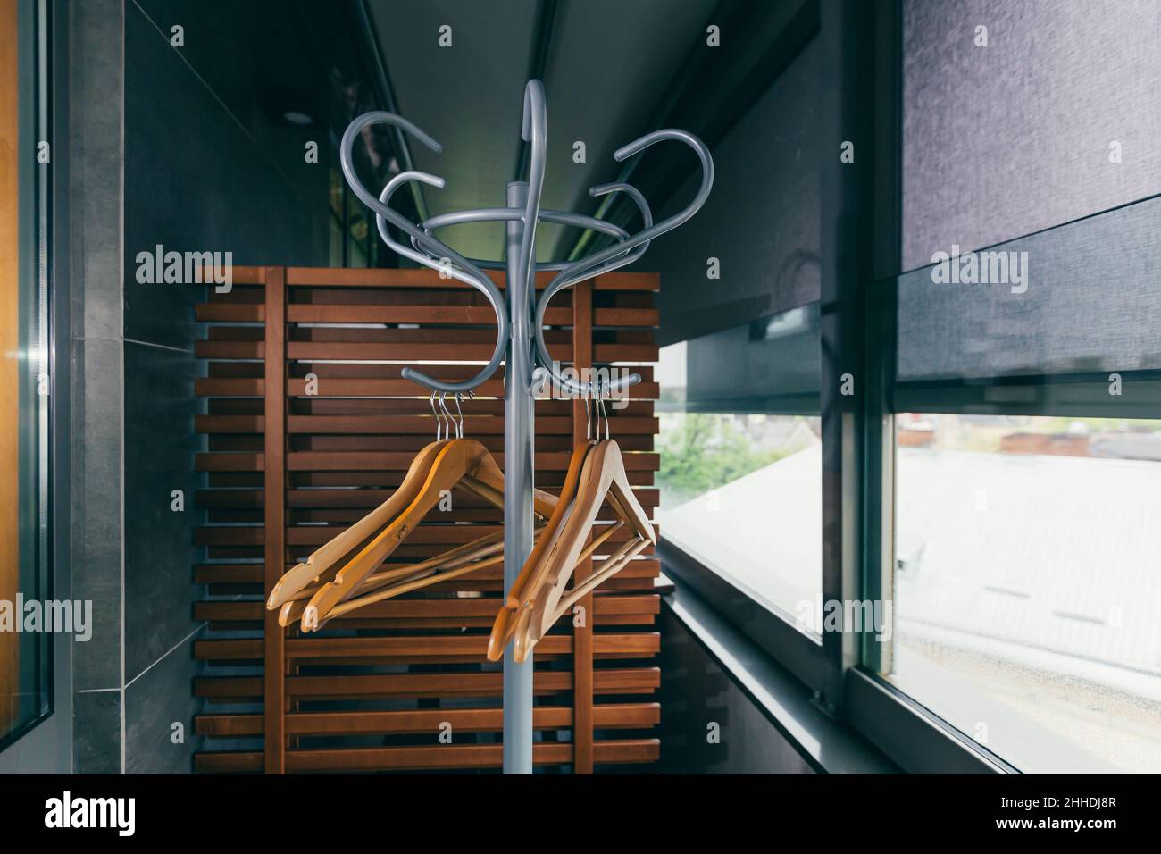 Empty clothes hanger in the hotel restaurant Stock Photo