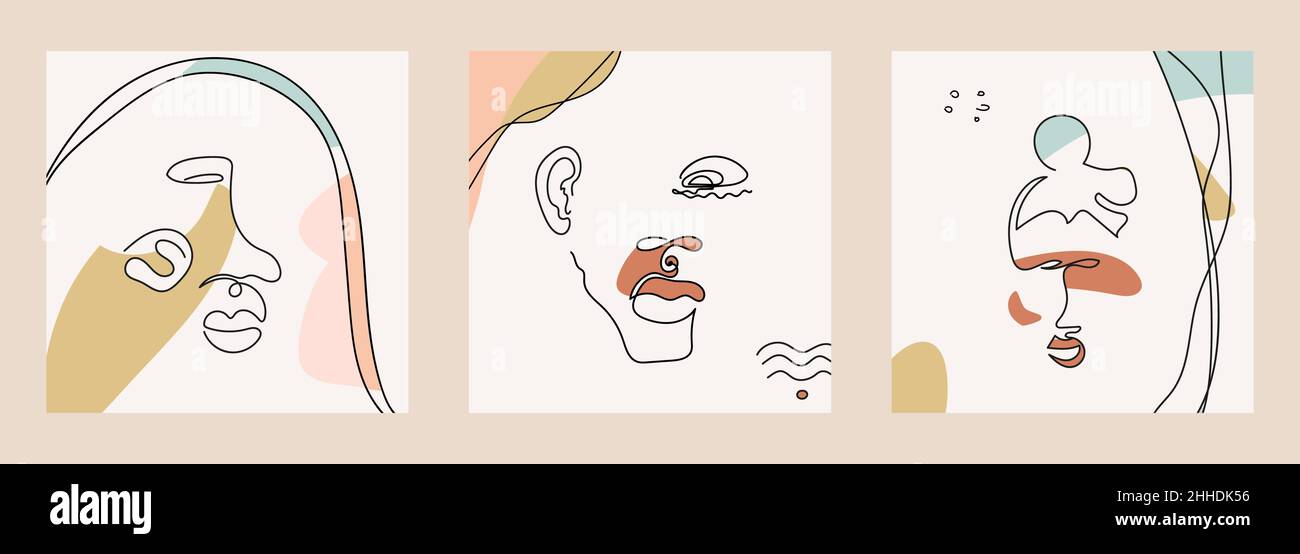 Set of modern portraits on the background of abstract shapes in line ...