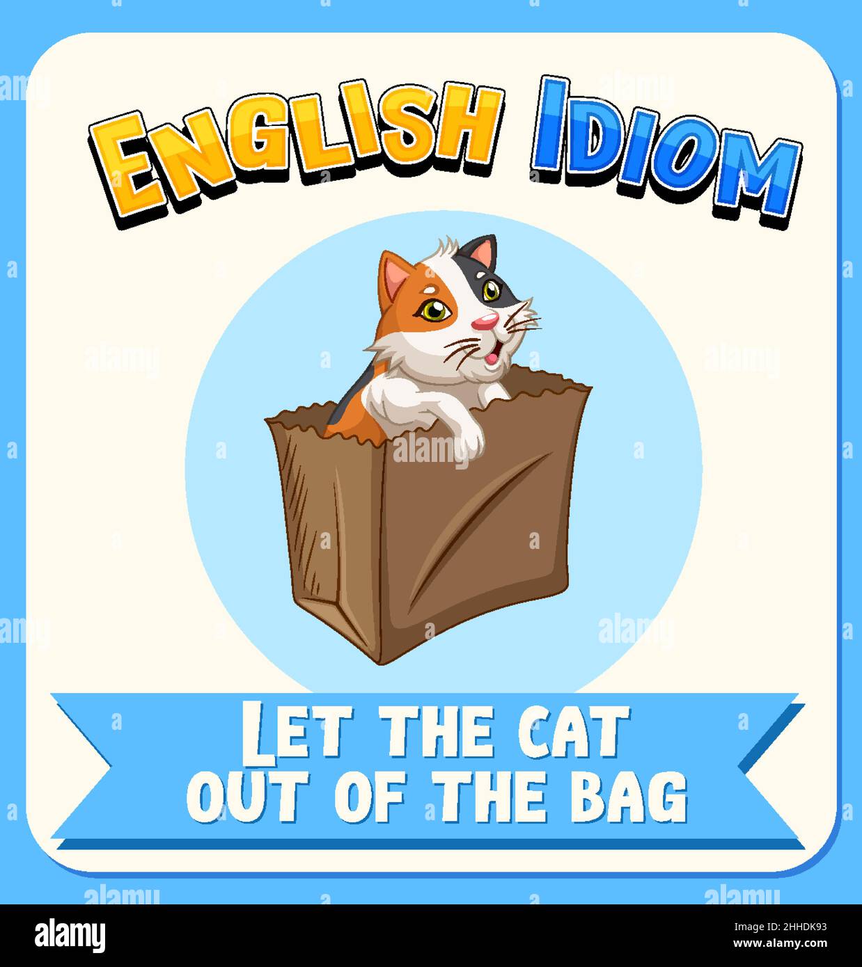 English idiom with let the cat out of the bag illustration Stock Vector