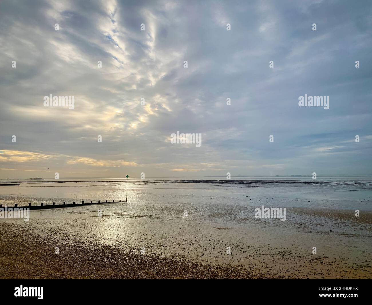 Bright January Morning at Westcliff-on-Sea with Tide Out Stock Photo