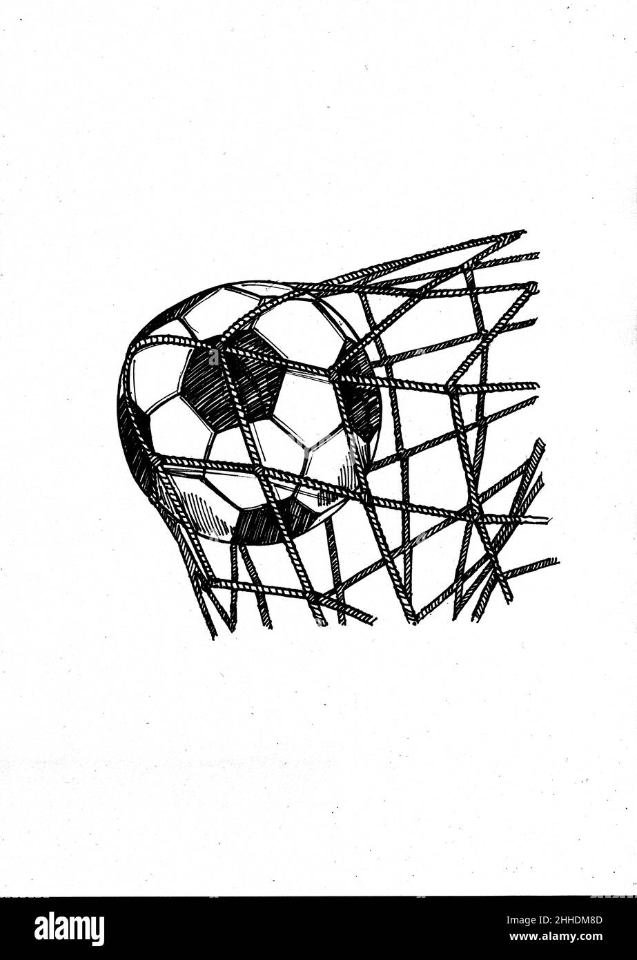 Sketch of a football hitting the back of a goal net. Stock Photo