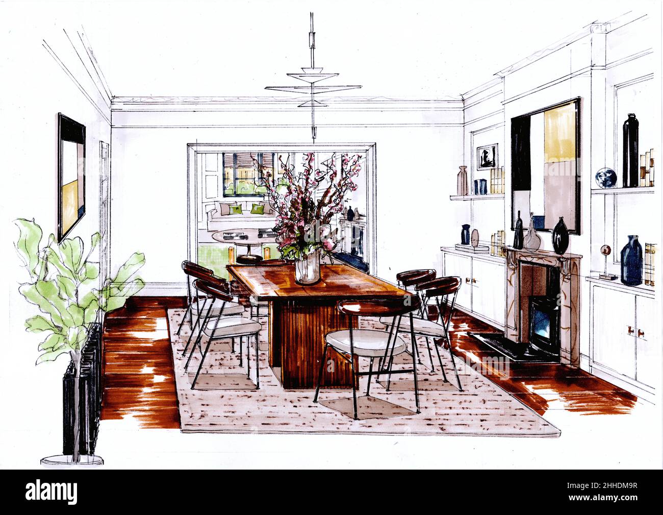 Sketch of a dining room furnished in a modern style Stock Photo - Alamy