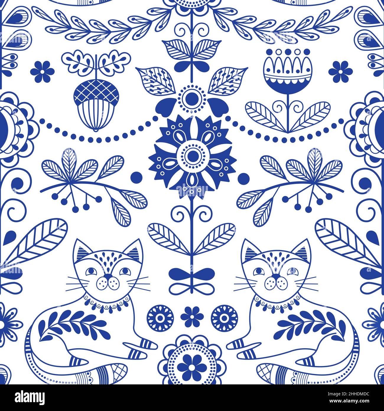 Scandinavian folk seamless pattern. Blue folklore border, swedish ornament design. Nordic rustic art style print. Cat and flowers, decorative nowaday Stock Vector