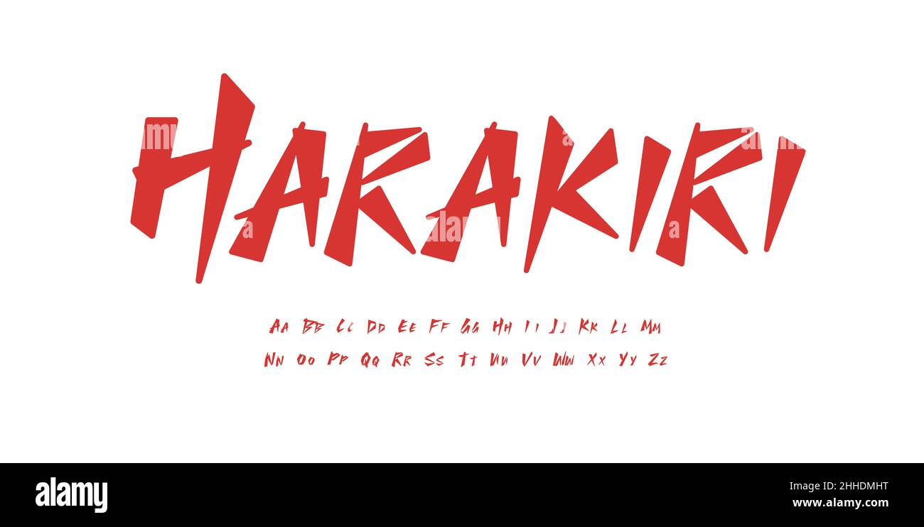 Japanese style font alphabet red brush letters. Modern asia logo and asian headline. Handwritten typography design. Paintbrush samurai tshirt Stock Vector