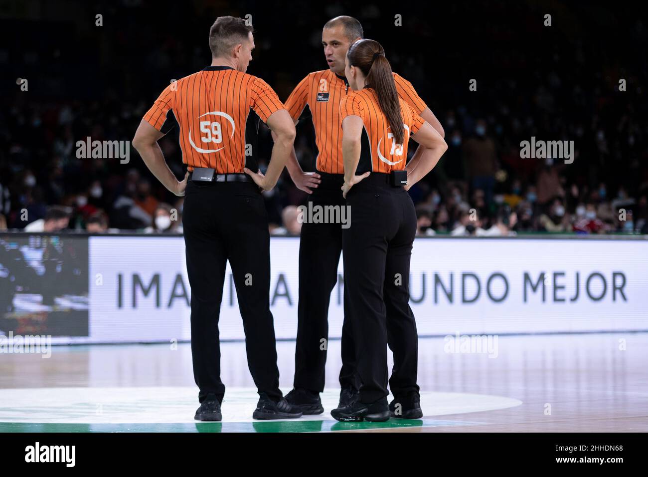 Seville, Spain. 23rd Jan, 2022. Assistants referees and head referee seen talking during a break at the Liga ACB match between Coosur Real Betis and Surne Bilbao Basket at San Pablo Sports Center in Seville. (Photo credit: Mario Diaz Rasero Credit: Gonzales Photo/Alamy Live News Stock Photo